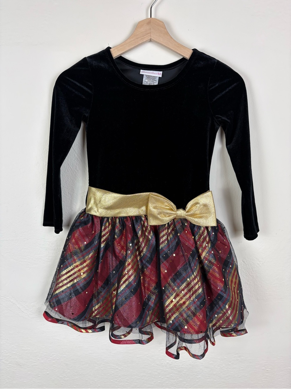 Bonnie Jean Girls 7 Black Velvet Gold Bow Plaid Tulle Holiday Christmas Dress